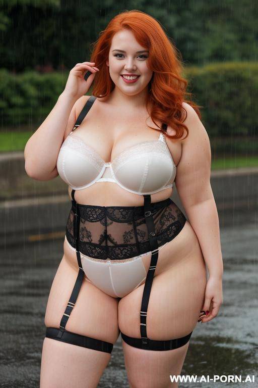 full body photo shot, about at , fat bbw curvy with love handless and tummy, wearing a sexy and hot garter belt lingeries. under the rain - #main