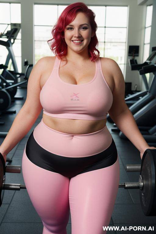 half body photo shot close up, about at gym, obese fat bbw curvy, wearing a sexy and hot magenta leggins gym and top. - #main