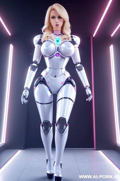 robot, front view, full-body view, standing, hands on hips, looking at the viewer, seductive face, beautiful, straight blonde hair, (fully robotic athletic body, huge robotic tits, open chest panel - #main