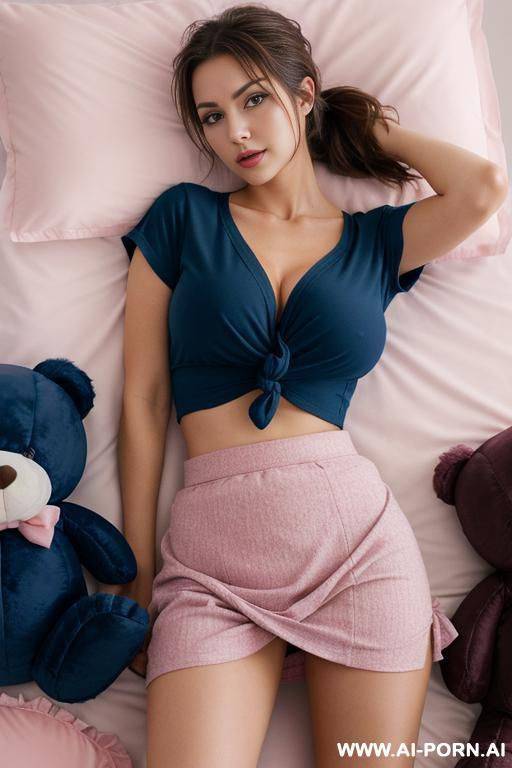 dark blonde babe, dark eyes, lying in bed in the middle of two big blue plushie bears, ponytail with hair ribbon, tight pink short sleeve shirt knotted showing belly, natural boobs, raised skirt, legs openly spreaded, showing pussy - #main