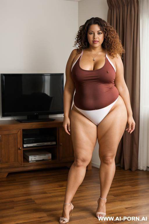 mature chubby woman, 0 years old, full body, standing, triangular hips, thick thighs, wearing red thong, white tank top, long brown curly hair, legs open, living room in front of the television - #main