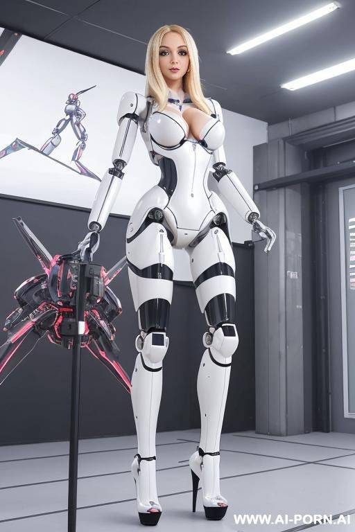 robot, front view, full-body view, standing, hands on hips, looking at the viewer, seductive face, beautiful, straight blonde hair, (tight shapely robotic body, huge robotic tits, open chest panel - #main