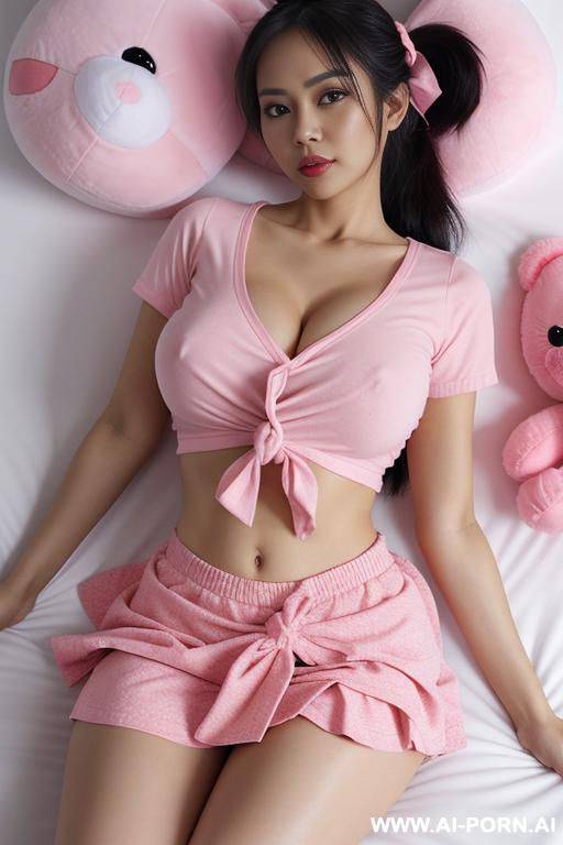 philippine babe, big eyes, lying in bed in the middle of two big pink plushie bears, ponytail with hair ribbon, tight pink short sleeve shirt knotted showing belly, round boobs, raised skirt, legs openly spreaded, showing pussy - #main
