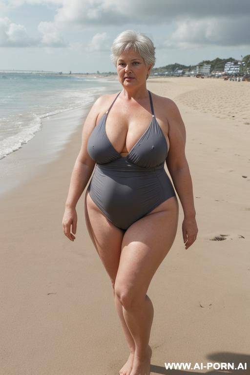 mature chubby dutch woman, 0 years old, full body, huge saggy breasts, (breasts sagging to waist), nipples pointing down, standing. triangular hips, thick thighs, swimsuit, at beach, (no underwear), short grey hair, at beach - #main