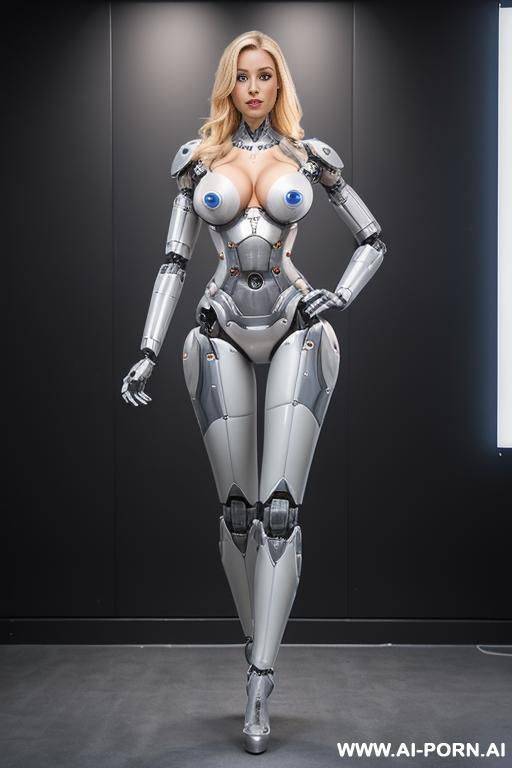 robot, front view, full-body view, standing, hands on hips, looking at the viewer, seductive face, beautiful, straight blonde hair, (fully robotic athletic body, huge robotic tits, open chest panel - #main