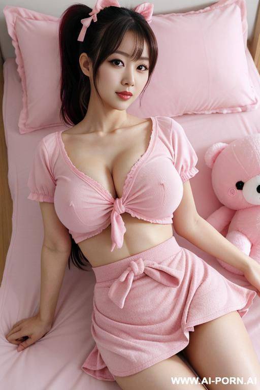 japanese idol, big eyes, lying in bed in the middle of two big pink plushie bears, ponytail with hair ribbon, tight pink short sleeve shirt knotted showing belly, round boobs, raised skirt, legs openly spreaded, showing pussy - #main