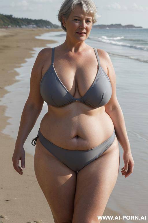 mature chubby dutch woman, 0 years old, full body, huge saggy breasts, (breasts sagging to waist), nipples pointing down, standing with legs apart,. triangular hips, thick thighs, swimsuit, at beach, (no underwear), short grey hair, at beach - #main