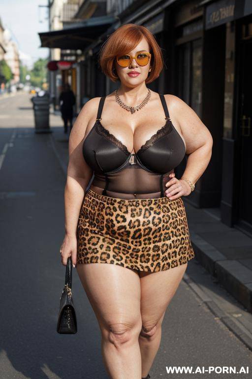 matured old granny, wrinkles, wrinkled skin, ageing marks, bob cut straight fringe cover forehead, leopard print bra, fishnet stockings, big boobs, necklace, , sunglasses walking on street with a tiger on lead, day time, full body , red high heels - #main