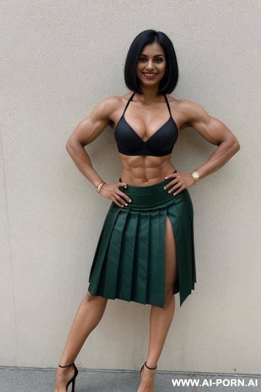 indian, short hair, fit, abs, muscular arms, bulked up, big ass, tall, long legs, navel piercing, green bra, green pleat skirt, looking at camera, full body, stiletto, in mew - #main