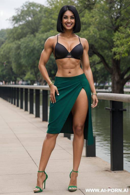 indian, short hair, fit, abs, muscular arms, bulked up, big ass, tall, long legs, navel piercing, green bra, green pleat skirt, looking at camera, full body, stiletto, at riverbank - #main