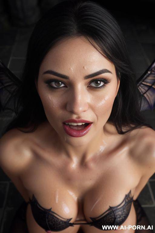 a beautiful succubus with flowing black hair and golden eyes, bat wings, her flawless figure accentuated by her red skin, playfully sticking her pointy tongue out, covered in cum, set against a - #main