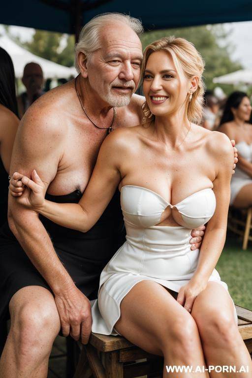 ((((medium full shot)))) ((((right behind stading oldman hugging boobs)))) ((((keep same face)))) at de outdoor wedding celebration ((((sitting showing legs)))) pretty face italian wife lot jacket men - #main