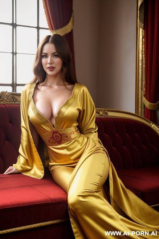 realistic welsh woman, happy, beautiful natural boobs, beautiful natural body, red and yellow-gold royal robes, in a harem, on a couch - #main