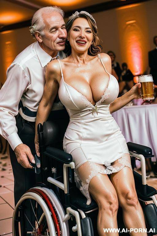 ((((an oldman in a wheelchair )))) at de wedding celebration voluptuosus italian wife lot jacket men looks at her close up around spilling beer and having fun ((((sexy wedding min-dress perfect - #main