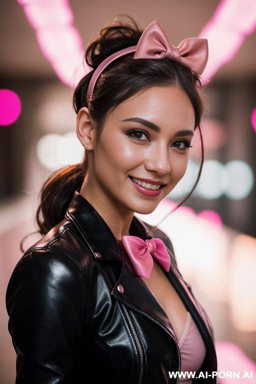 a woman in a leotard and a black leather jacket with a pink bow on her head and a pink ribbon in her hair, brown eyes, smile, social media composition, from below, bokeh, glowing light - #main