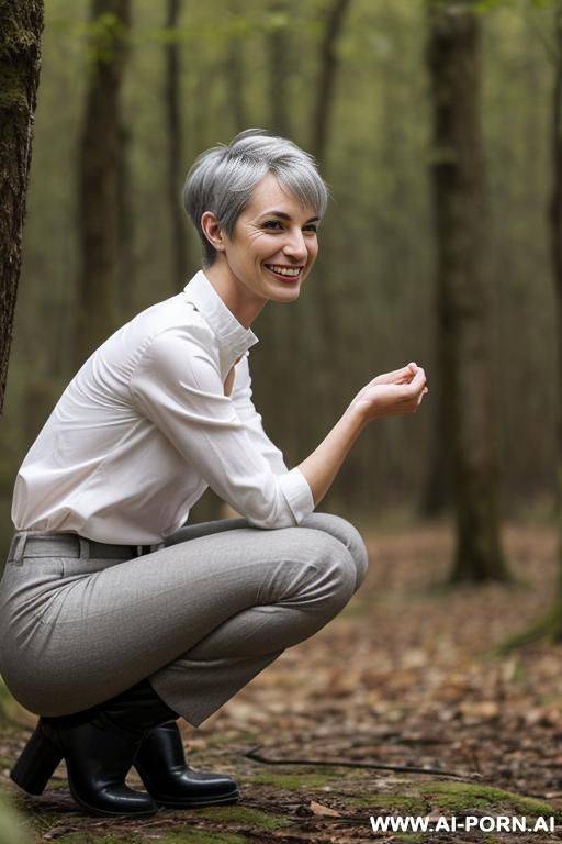 tall. boots, collar, pants, shirt, squatting legs apart in undergrowth, side-view - #main