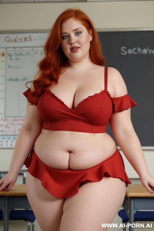 close up half body photo shot, about at classroom, redhead ((obese)) chubby fat bbw curvy teacher, wearing a sexy and hot micro red ruffle skirt and elegant top, teaching to the classroom. - #main