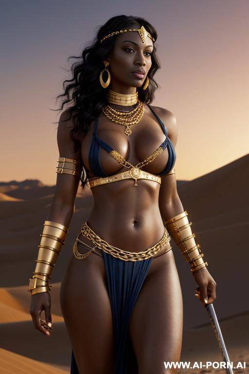 barbarian woman, fantasy art, dark black african woman, gold metal armband, gold chain thigh ellery, holding sabre, long curly dark hair, fit toned strong muscular body, extremely large tits, large - #main