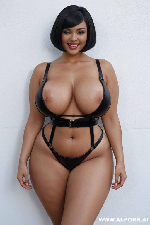 smiling curvy black bob haircut and blue eyes busty woman with huge boobs wearing overall over naked body and standing full body shot - #main