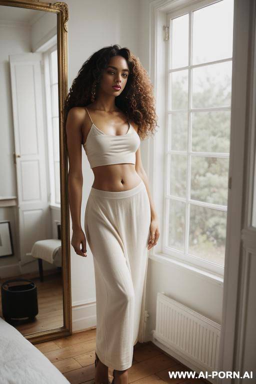 fashion self-portrait of a woman, 1, long curly hair, light skin tone with mediterranean features, standing in front of a mirror in a cozy bedroom, wearing a slip and crop top, elegant figure - #main