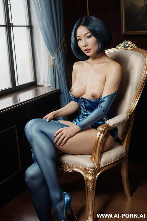 a naked asian beauty with fair skin and long hair, sitting on a chair with m-shaped legs and sexy pubic hair - #main