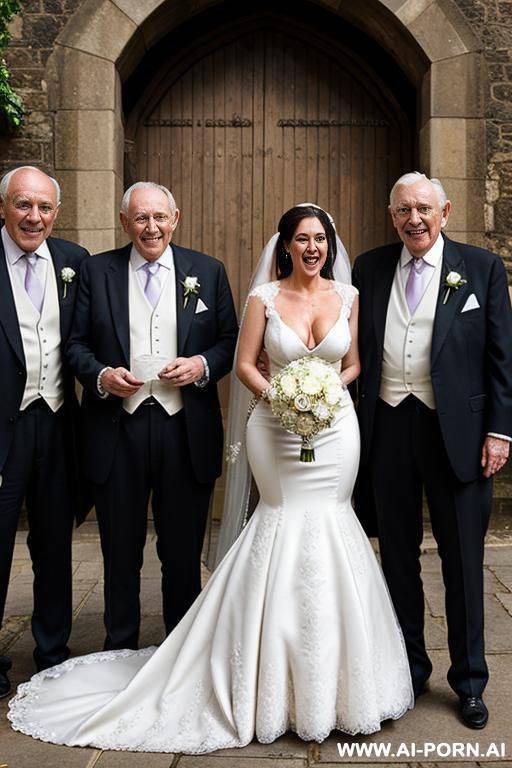 outside church gate, wedding dress, showing boobs, dense white cum dripping face, showing nipples, surrounded by old men - #main