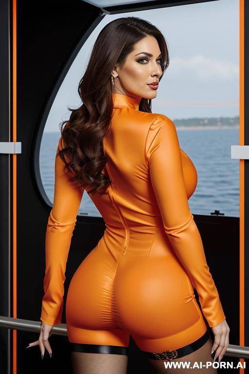 busty pop star, pretty make up, full body view. ((keep face)), ((keep body)), looking back from behind. - #main