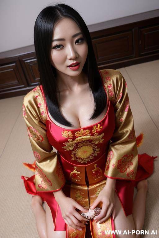 happy mid-autumn festival, my milf wearing traditional clothes, cum leaking, kneeling, play with dildo in pussy - #main