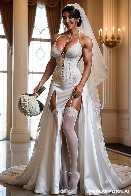 (((white bride dress))), ((((white nylon stockings)))), ((((black high heels)))), ((red lipstick)), (((extreme huge boobs))), (((round massive tits))), (((smiling))), (((necklace))), ((hourglass figure)), (((wasp waist))). - #main