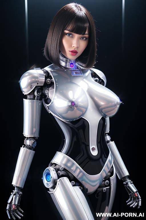 (realistic very detailed robot total meccanical artificial robot body woman) with long black hair and black-white glossy rubber latex glass transparent colored skin threads, glowing blue robotic eyes, - #main