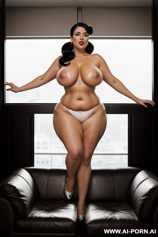 fully nude sexy short chubby caucasian woman with long straight black hair, huge tits and massive butt. laying on her back on a couch looking seductively and erotic - #main