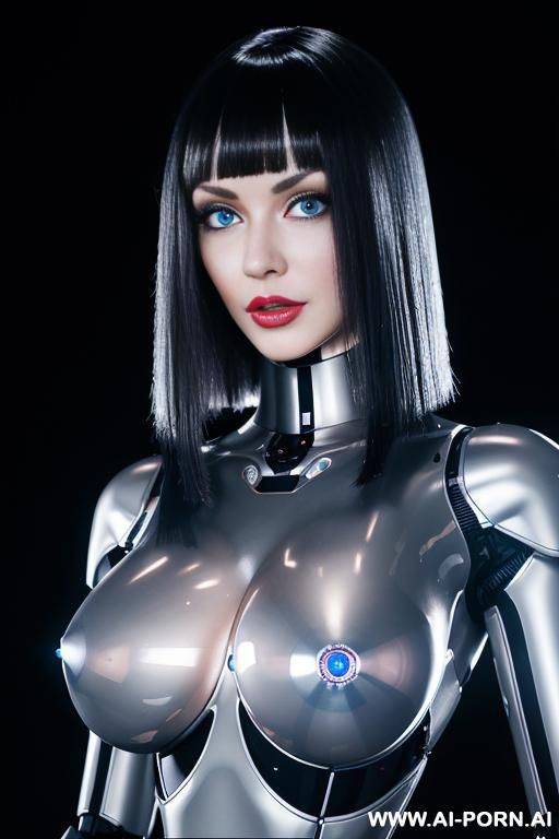 (realistic very detailed robot doll total meccanical artificial robot body woman) with long black hair and black-white glossy rubber latex glass transparent colored skin threads, glowing blue robotic - #main
