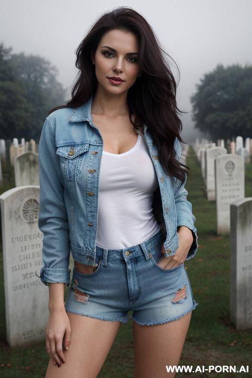 pretty, ukrainian, 30, flowing wavy hair, dark brown hair, white skin, athletic body, natural boobs, slight smile, makeup, eye shw, standing, spreading legs, denim jacket, red v-neck t-shirt, denim shorts, thick fog, cemetery background. - #main