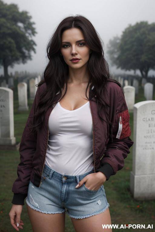 pretty, ukrainian, 30, flowing wavy hair, dark brown hair, white skin, natural boobs, slight smile, makeup, eye shw, standing, spreading legs, bomber jacket, red v-neck t-shirt, denim shorts, thick fog, cemetery background. - #main