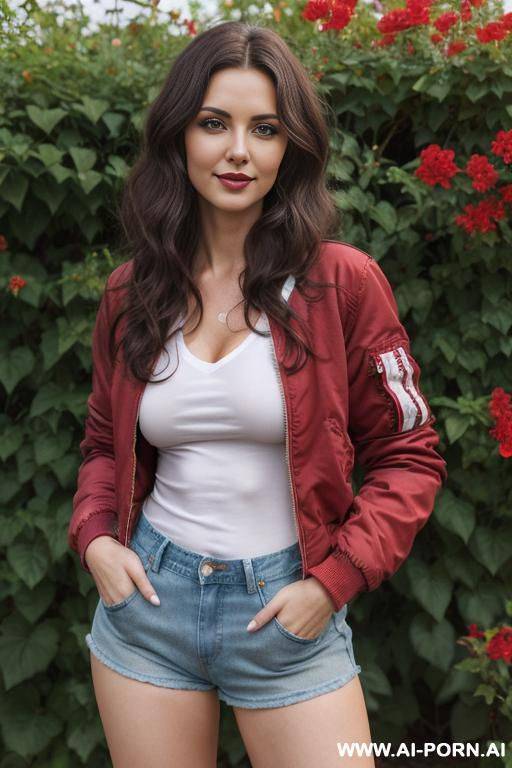 pretty, ukrainian, 30, wavy hair, dark brown hair, white skin, natural boobs, slight smile, makeup, eye shw, standing, spreading legs, bomber jacket, red v-neck t-shirt, denim shorts, walled garden background. - #main
