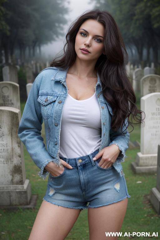 pretty, ukrainian, 30, flowing wavy hair, dark brown hair, white skin, natural boobs, slight smile, makeup, eye shw, standing, spreading legs, denim jacket, red v-neck t-shirt, denim shorts, thick fog, cemetery background. - #main
