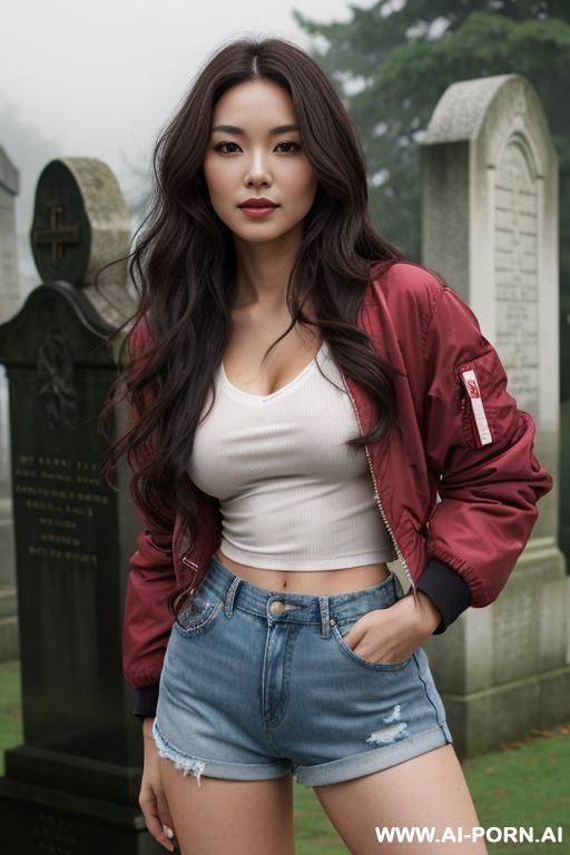 pretty, japanese, flowing wavy hair, dark brown hair, natural boobs, slight smile, makeup, eye shw, standing, spreading legs, bomber jacket, red v-neck t-shirt, denim shorts, thick fog, church cemetery background. - #main