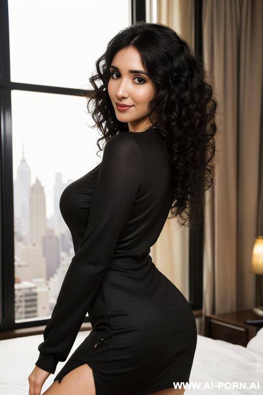 ((long sleeve crew neck dress)), ((higareda)), (pretty face), (detailed face), (soft slutty smile), (perfect), (natural lighting) , ((highly detailed photo)), (( manhattan penthouse bedroom)) (big windows) ((busty)) - #main