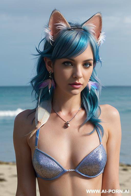 face, sexy, beautiful, ((bikini as seashell)), ((roses)), ((eyes shw)), ((angel wings)), ((blue rainbow hair)), ((glitter)), ((long bu hair)), ((heterochromia eyes)), ((wind)), (( cat face)), (( cat - #main