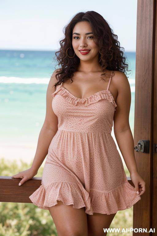 beautiful french-mexican woman, short and curvy, 20 years old, hourglass body, full e-cup breasts, lush hips, plush thighs, m soft sunkissed skin, long dark wavy or curly hair, naturally pouty - #main