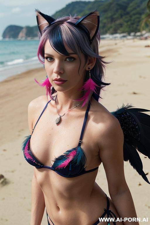 face, sexy, beautiful, ((bikini as seashell)), ((roses)), ((eyes shw)), ((angel wings)), ((slick navy blue hot pink hair)), ((glitter)), ((long bu hair)), ((heterochromia eyes)), ((wind)), (( cat face)), - #main