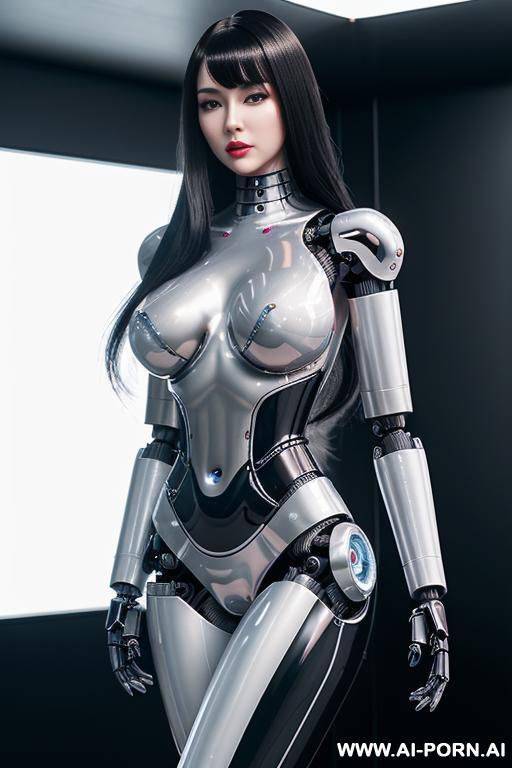 (realistic very detailed robot doll total meccanical artificial robot body woman) with long black hair and black-white glossy rubber latex glass transparent colored skin threads, glowing blue robotic - #main