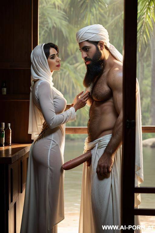 arab looking man with big beard and turban wearing long white dress and long white sleeves cultural clog with his long dick showing. blondr female woth big tits fully nude licking his dick - #main