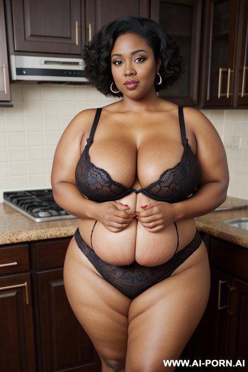 very dark skin; strong african features; massive saggy boobs; wide hips; thick thighs - #main