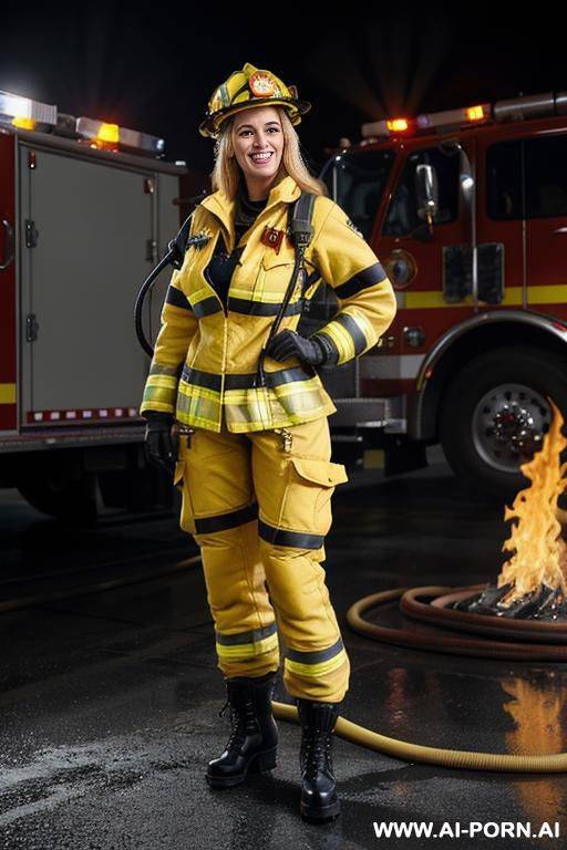 hot ultra realistic very beautiful firefighter with hourglass figure, yellow firefighter helmet, (yellow fire jacket undressed), camouflage bikini, camouflage micro thong, yellow stockings, massive round gigantic boobs, frontal view. - #main