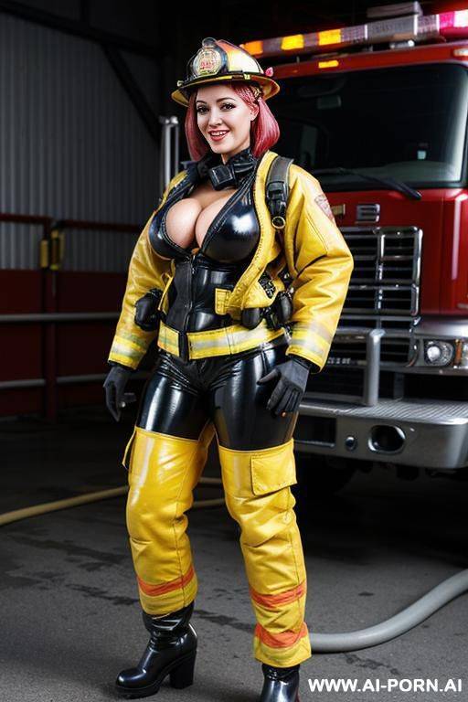 hot ultra realistic very beautiful firefighter with hourglass figure, yellow firefighter helmet, (yellow fire jacket undressed to elbows), (dark blue firefighter pants undressed to knees), camouflage - #main