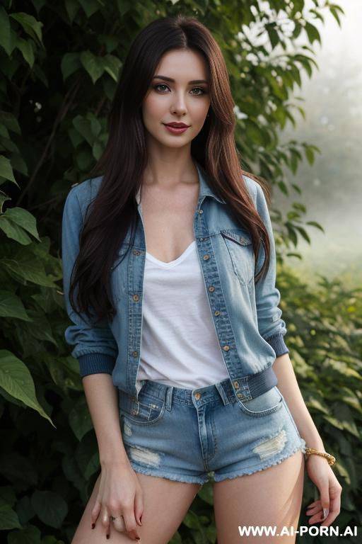 pretty, ukrainian, 30, flowing hair, dark brown hair, very white skin, natural boobs, slight smile, makeup, eye shw, standing, spreading legs, denim shorts, red deep v-neck t-shirt, thigh highs, bomber jacket, fog, garden background. - #main