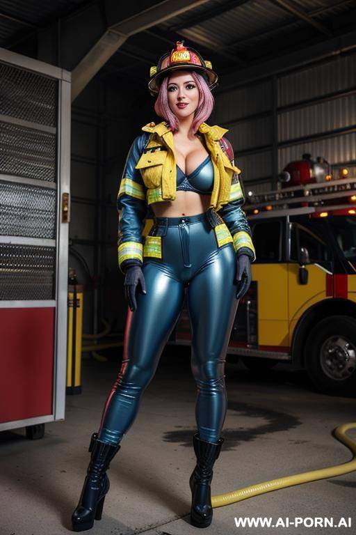 hot ultra realistic very beautiful firefighter with hourglass figure, yellow firefighter helmet, (yellow fire jacket, jacket completely unbuttoned, jacket opened to shoulders), (dark blue firefighter - #main
