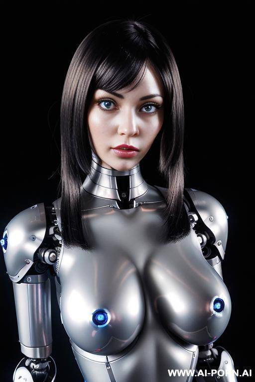 (realistic very detailed robot doll total meccanical artificial robot body woman) with long black hair and black-white glossy rubber latex glass transparent colored skin threads, glowing blue robotic - #main