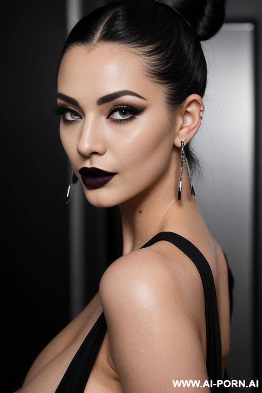whole body, supermodel, bun hairstyle, long eyelashes, black eyeliner pen, eye black, dark eyes hw, black lipstick, sexy lips, sexy expressions, earrings, bare, black nipples, large and long nipples, - #main